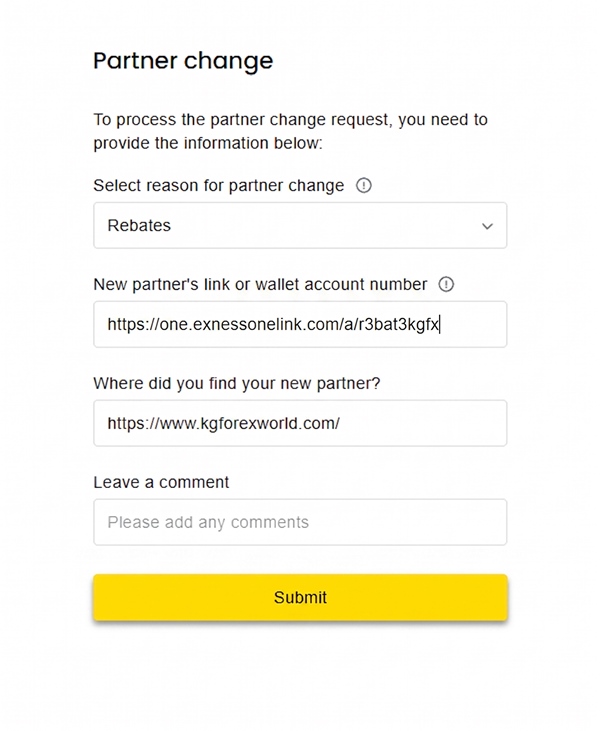 How to change Exness partner - step 1